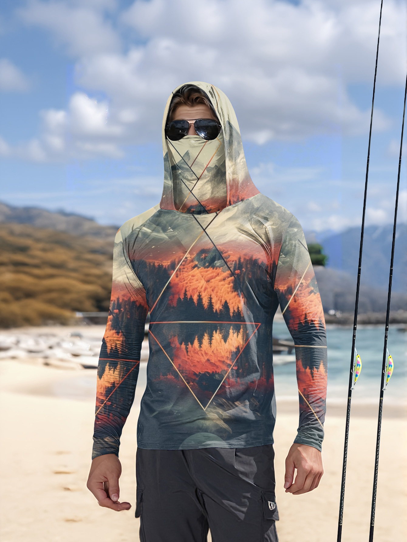 Summer Clothing Long Sleeve - 야외용 남성 낚시 후드티, 내장형 얼굴