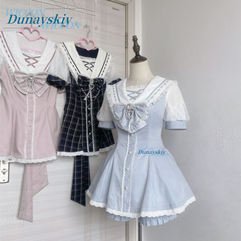 Summer Japanese Clothing - 세일러 칼라 드레스 세트 레이스 리본
