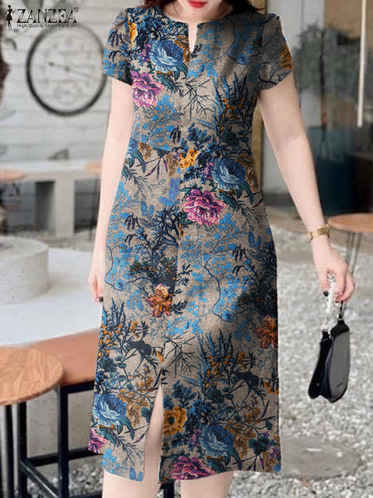 Sundress Midi Floral - ZANZEA 여성용 V넥 미디 원피스, 레트로