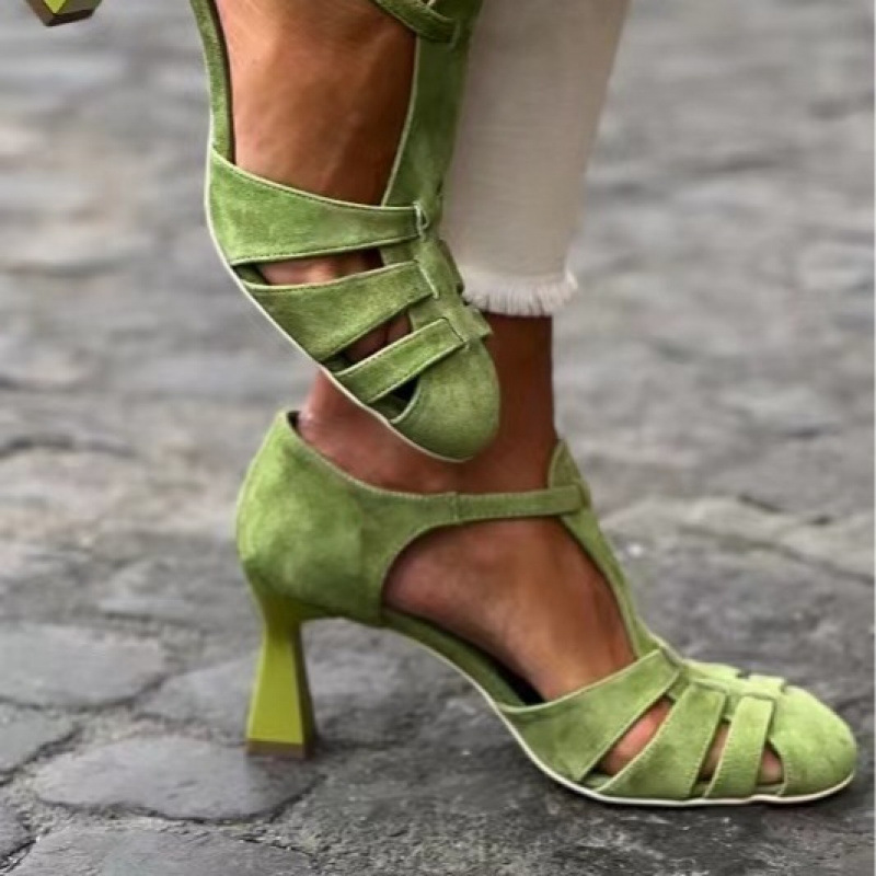 Summer Clothing Stores - 여성용 그린 스웨이드 키튼힐 티스트랩 샌들,