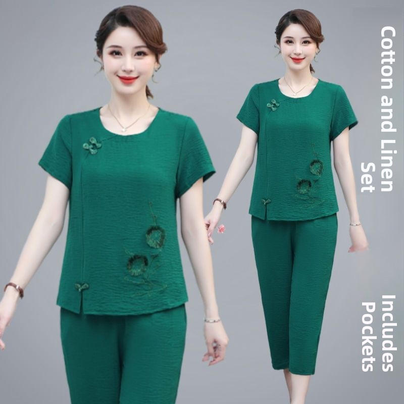 Summer Clothing Over 60 - 여름 면 린넨 반팔 엄마 세트