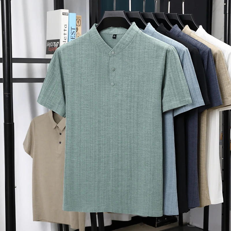 Summer Clothing Linen - 남성용 만다린 칼라 하프 플래킷 리넨
