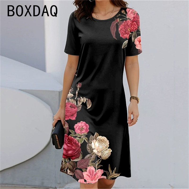 Sundress Midi Floral - 보헤미안 스타일 짧은 소매 라운드 넥