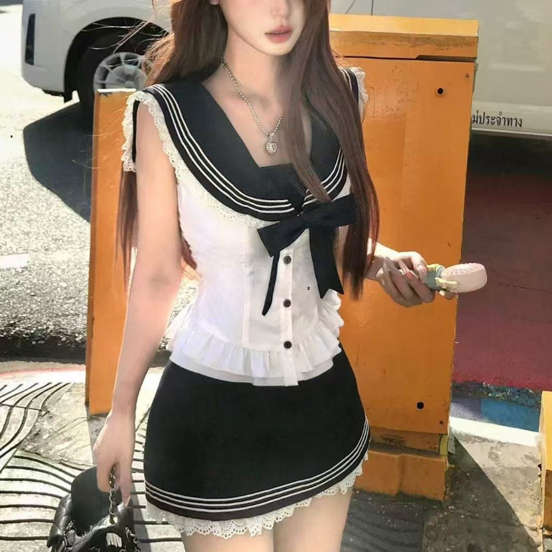 Summer Japanese Clothing - 대학 스타일 보우 스위트 2 피스