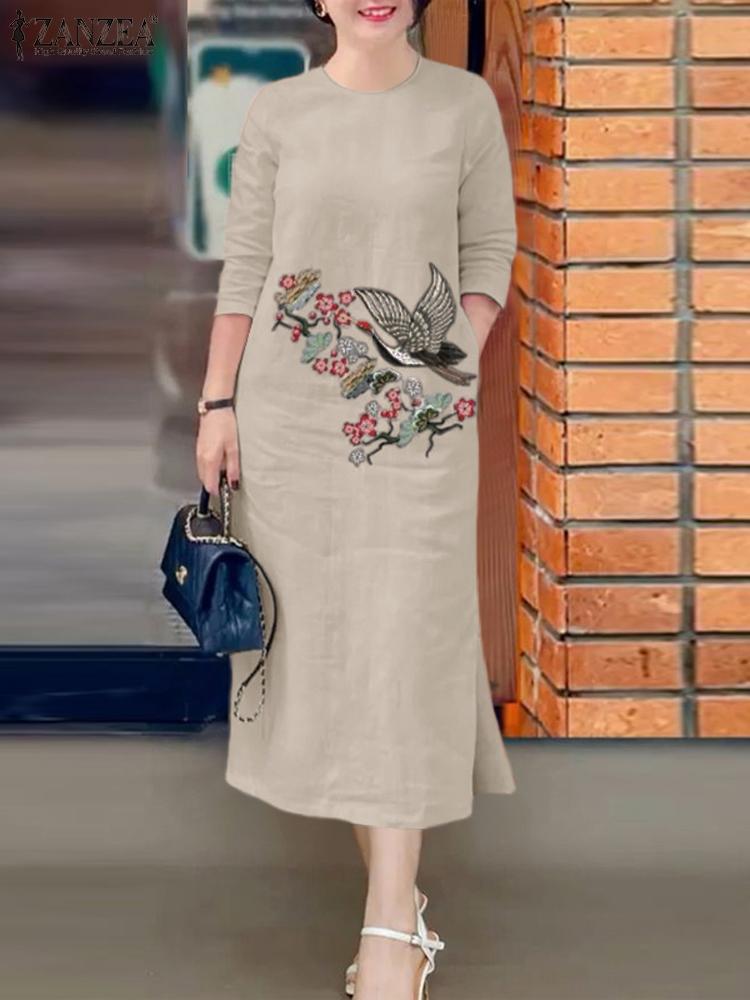 Sundress Midi Floral - ZANZEA 여성용 빈티지 자수 선드레스, O-넥