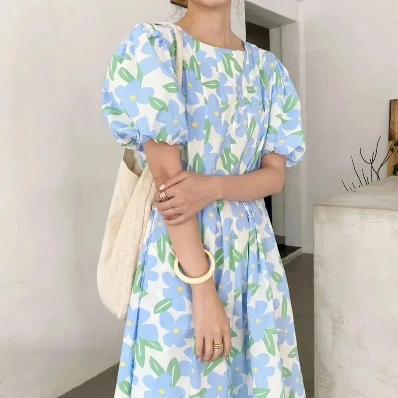 Sundress Midi Floral - 여성용 여름 라운드 칼라 하이 웨이스트