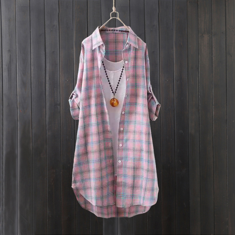 Summer Clothing Linen - 체크무늬 셔츠 여성 여름 긴팔 루즈핏