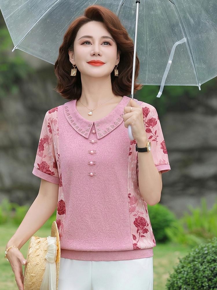 Summer Clothing Over 60 - 슬리밍 반팔 티셔츠 세련된 인형 칼라