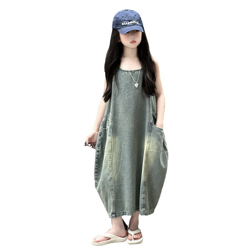 Summer Clothing Linen - 빈티지 블루 어린이 소녀 고품질 민소매