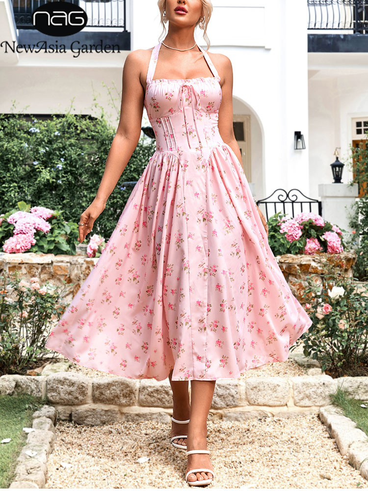 NewAsia 여성용 핑크 꽃무늬 홀터넥 미디 드레스  - Sundress Midi Floral 리뷰 및 가격