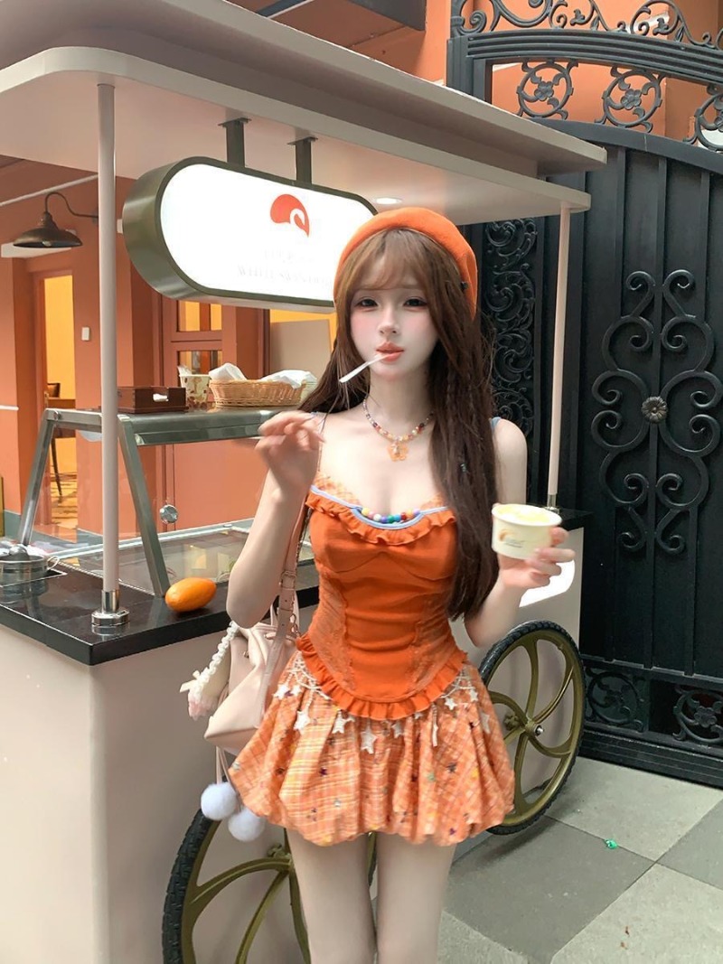 여름 신상 오렌지 도파민 스위트 스파이시 걸 레이스 캐 - Summer Japanese Clothing 리뷰 및 가격