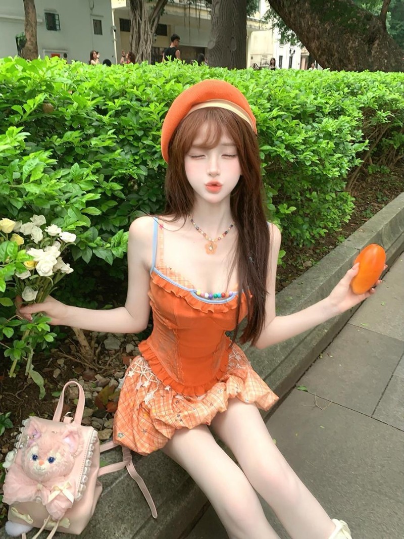 여름 신상 오렌지 도파민 스위트 스파이시 걸 레이스 캐 - Summer Japanese Clothing 리뷰 및 가격