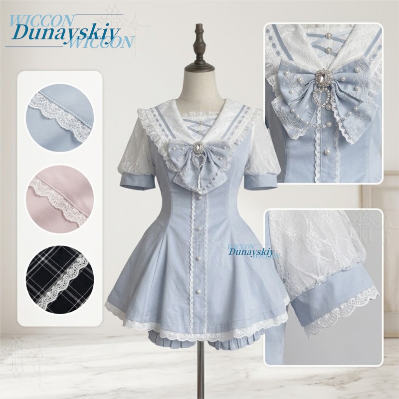 세일러 칼라 드레스 세트 레이스 리본 반팔 지라이 케이 - Summer Japanese Clothing 리뷰 및 가격