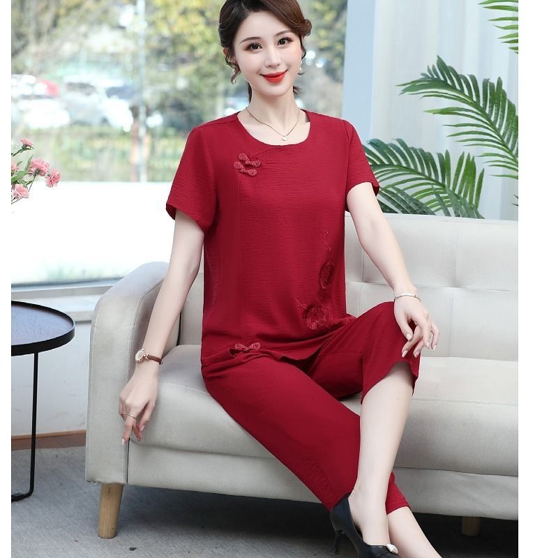 여름 면 린넨 반팔 엄마 세트 투피스 수트 세련된 중년 - Summer Clothing Over 60 리뷰 및 가격