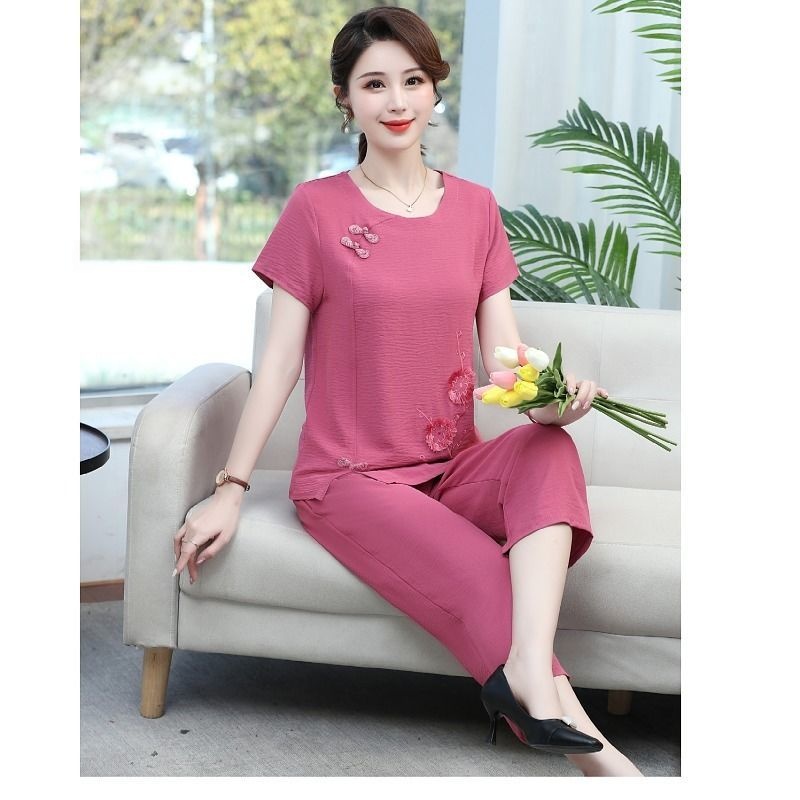 여름 면 린넨 반팔 엄마 세트 투피스 수트 세련된 중년 - Summer Clothing Over 60 리뷰 및 가격