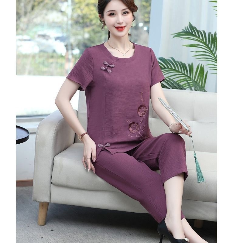 여름 면 린넨 반팔 엄마 세트 투피스 수트 세련된 중년 - Summer Clothing Over 60 리뷰 및 가격