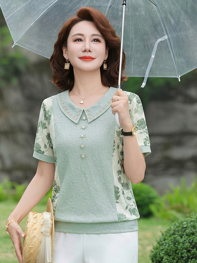 슬리밍 반팔 티셔츠 세련된 인형 칼라 스플라이스 노인  - Summer Clothing Over 60 리뷰 및 가격