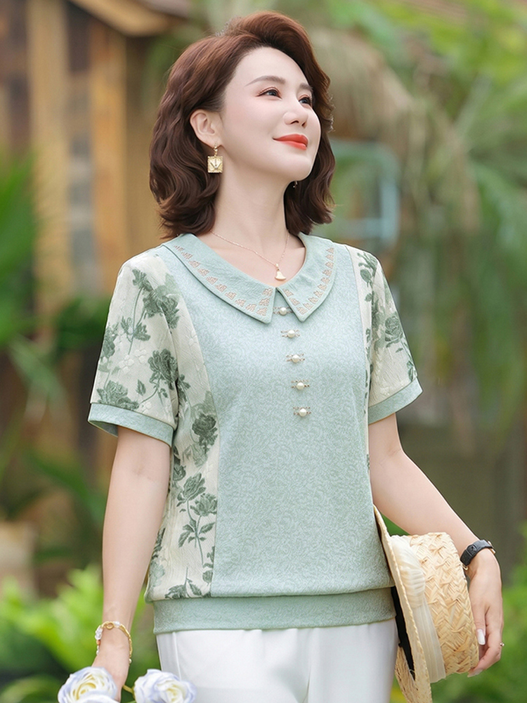 슬리밍 반팔 티셔츠 세련된 인형 칼라 스플라이스 노인  - Summer Clothing Over 60 리뷰 및 가격