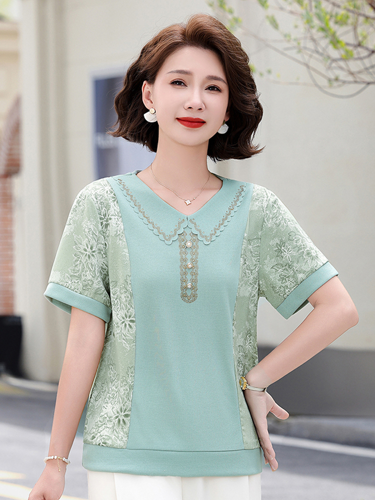 세련된 여름 니트 스플라이스 반팔 티셔츠 카라 플러스  - Summer Clothing Over 60 리뷰 및 가격