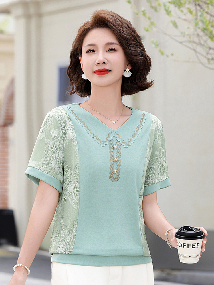 세련된 여름 니트 스플라이스 반팔 티셔츠 카라 플러스  - Summer Clothing Over 60 리뷰 및 가격